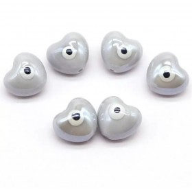 Porselen Kalp Nazar Boncuklu - Açık Gri - 1 Dizi - 13 mm